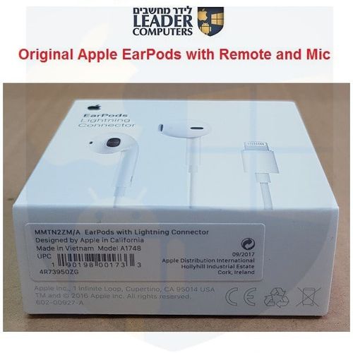 אוזניות מקוריות של Apple עם חיבור Lighning | דגם MMTN2ZM/A A1748 | כולל מיקרופון ושלט
