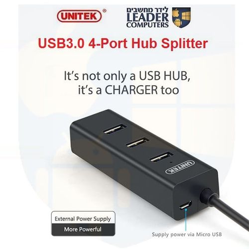 האב מפצל USB3.0 ל-4 כניסות עם אפשרות של טעינה | דגם Unitek Y-3089