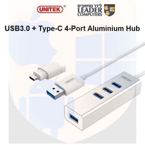 ××¤×Ś× USB3.0 ×˘× ××Ş×× Type-C ×-4 ×× ××Ą××Ş USB | ××× Unitek Y-3082B