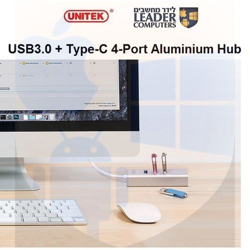 ××¤×Ś× USB3.0 ×˘× ××Ş×× Type-C ×-4 ×× ××Ą××Ş USB | ××× Unitek Y-3082B