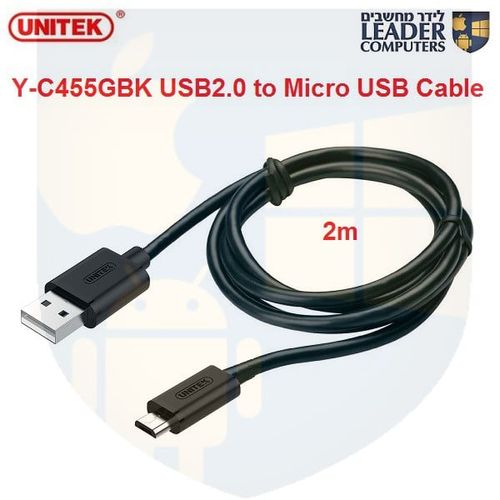 כבל מיקרו USB | אורך 2 מטר | הטענת טלפון והעברת נתונים | UNITEK Y-C455GBK