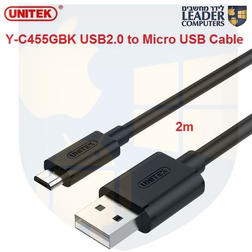 כבל מיקרו USB | אורך 2 מטר | הטענת טלפון והעברת נתונים | UNITEK Y-C455GBK