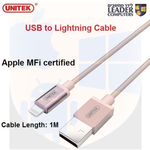 כבל Lightning מאושר אפל, אורך 1 מטר, דגם Unitek פרמיום Y-C499ARG