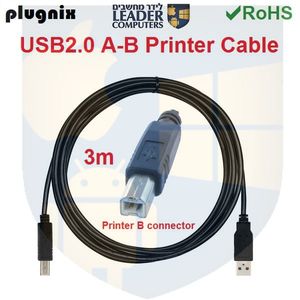 כבל a-b USB2.0 למדפסת | אורך 3 מטר | מבית Plugnix
