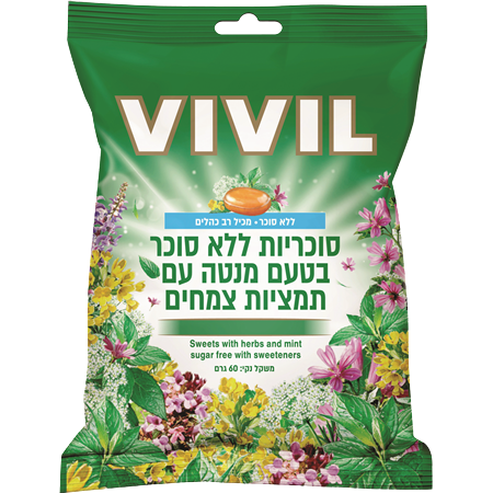 ויויל | סוכריות | טעם מנטה | עם תמציות צמחים | מכיל 60 גרם | ללא סוכר | מכיל רב כהלים