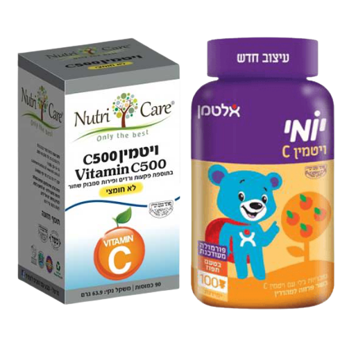 ויטמין 500C+ יומי ויטמין C | לא חומצי | 90 כמוסות | בטעם תפוז | מכיל 100 דובונים | תוסף תזונה | 