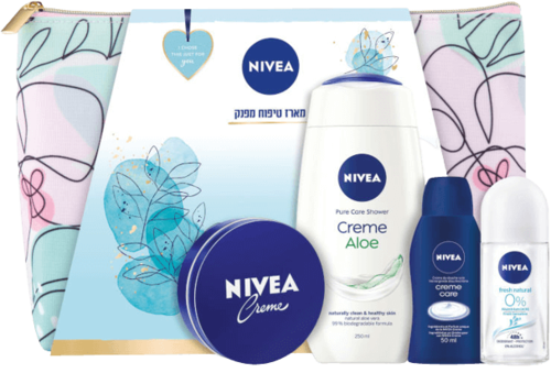 מארז טיפוח לאישה | תיק רחצה + תחליב רחצה + דאודורנט רול און ללא אלומיניום + קרם רב שימושי +קרם רחצה | ניוואה | NIVEA	