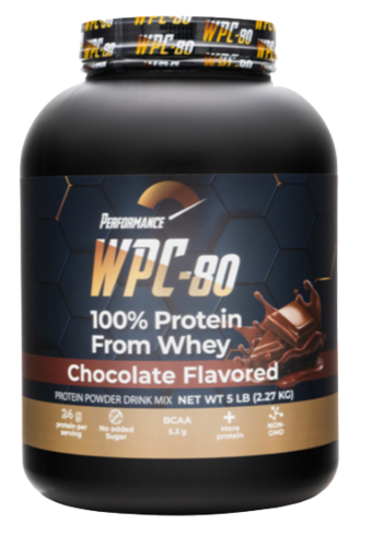 אבקת חלבון טעם שוקולד | WPC-80 | מכיל כ-69 מנות | 2.27 ק"ג | PERFORMANCE