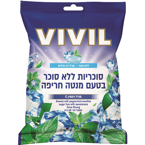 ויויל | סוכריות | בטעם מנטה חריפה | מכיל 60 גרם | ללא סוכר | מכיל רב כהלים