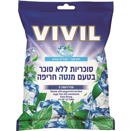 ויויל | סוכריות | בטעם מנטה חריפה | מכיל 60 גרם | ללא סוכר | מכיל רב כהלים