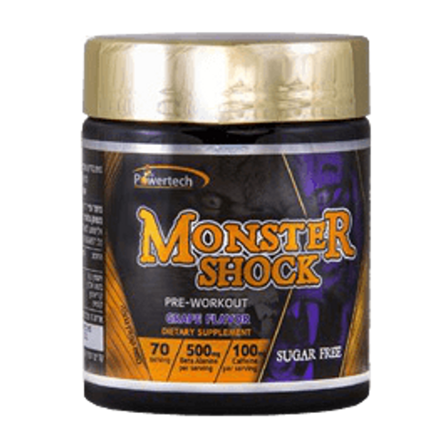 מונסטר שוק | פרי וורקאאוט | אבקה להכנה משקה חומצות אמינו | בתוספת קפאין וויטמין B3 | בטעם ענבים | ללא סוכר | MONSTER SHOCK | מספר מנות הגשה 70 | מכיל 210 גרם פאוורטק | Powertech