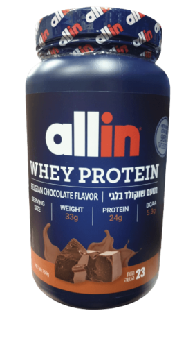 אבקת חלבון אול אין | Allin Whey Protein | בטעם שוקולד בלגי | מכיל 759 גרם אול-אין | ALLIN