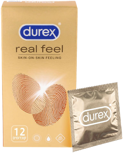 דורקס | קונדומים real feel | ללא לטקס | לתחושה נוחה יותר | מכיל 12 יחידות דורקס | Durex