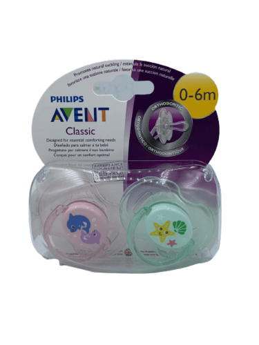 פיליפס | אוונט | מוצצי סיליקון | זוג | 0 עד 6 חודשים | ללא ביספינול | דגם קלאסי | איור של דולפין צדפה וכוכב ים פיליפס | PHILIPS