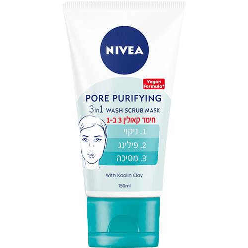 חימר קאולין | ניקוי פילינג ומסיכה 3 ב1 | מכיל 150 מ''ל | Pore Purifying | Wash Scrub Mask | ניוואה | NIVEA	