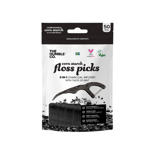 קיסם וחוט דנטלי | עם ידית מתכלה | בתוספת פחם | 50 יחידות | Humble Brush