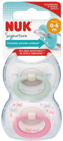 זוג מוצצי נוק סיגנטור NUK Signature | סיליקון 0-6 חודשים | ורוד ירוק בייבי | נוק | NUK
