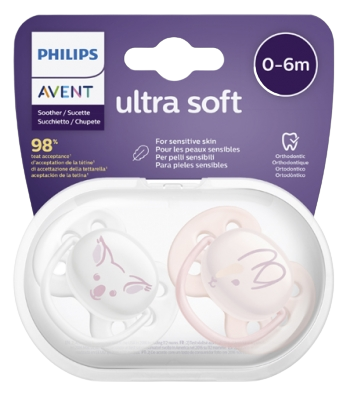 זוג מוצצי סיליקון אבנט אולטרה סופט avent ultra soft | לגילאים 0-6 חודשים | ורוד - לבן | פיליפס | PHILIPS