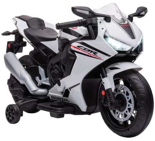 אופנוע ממונע 12V לילדים דמוי הונדה Honda CBR 1000RR עם אורות, קולות מנוע וגלגלי עזר ונסיעה לשני הכיוונים - לבן
