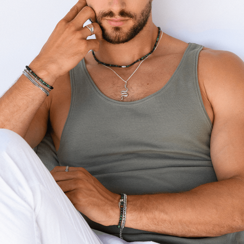 סט צמידים לגבר אבני חן טורקיז אפריקאי וצמיד גורמט סטיינלס סטיל
