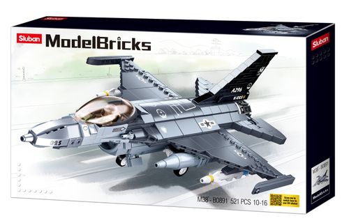 סט הרכבה מטוס קרב F16 עם דמות משחק טייס 521 חלקים