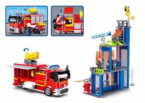 סט הרכבה תחנת כיבוי אש עם כבאית, זרנוק שיורה חץ מים, 4 דמויות משחק כבאים ומגוון אביזרים 585 חלקים