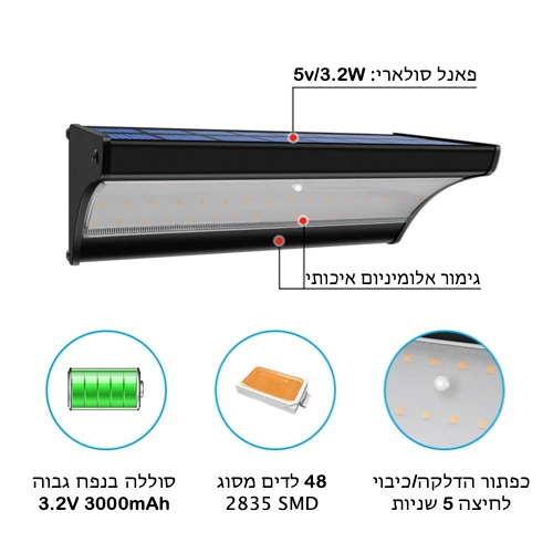 פנס חומה סולארי שחור כולל חיישן תנועה דגם אלון לבן קר