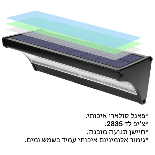 פנס חומה סולארי שחור כולל חיישן תנועה דגם אלון לבן קר