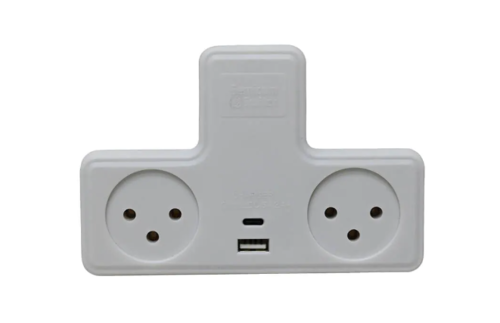 מפצל חשמל T עם 2 שקעים וחיבור TYPE C + USB