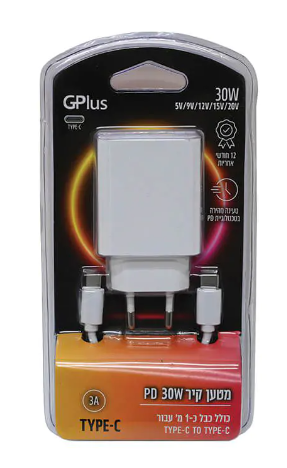 מטען קיר TYPE-C PD 30W+ כבל TYPE-C דגם GPL-PD301/TYPE-C