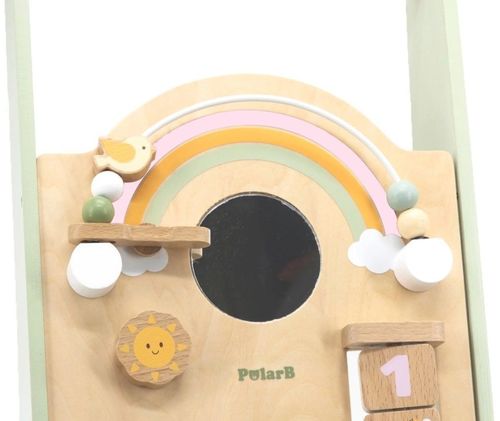 הליכון  מעץ מלא עם חרוזים, גלגלי שיניים מסתובבים, קוביות ומגוון פעילויות PolarB