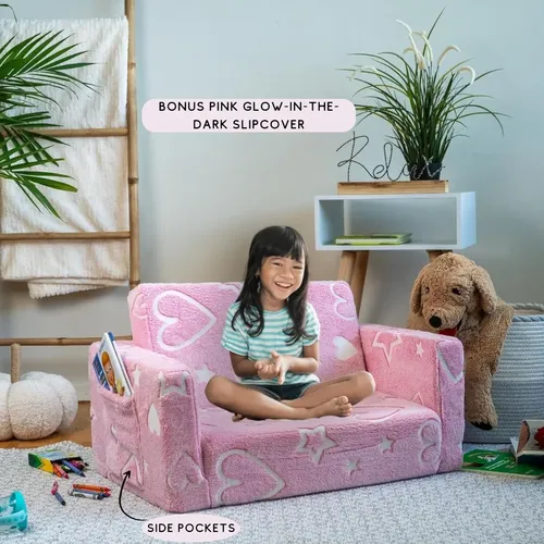 ספונת נפתחת גדולה (מתאימה ל 2 ילדים) עם בד מעוצב זוהר בחושך - ורוד לבבות