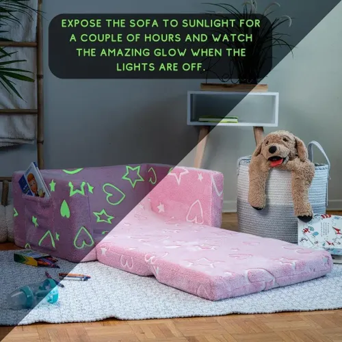 ספונת נפתחת גדולה (מתאימה ל 2 ילדים) עם בד מעוצב זוהר בחושך - ורוד לבבות