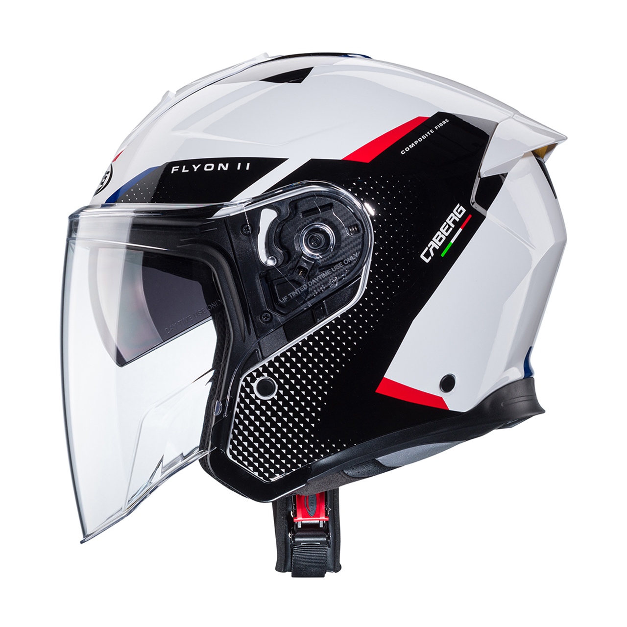 קסדת ¾ CABERG FLYON II צבע לבן\כחול\אדום תקן חדש 22.06