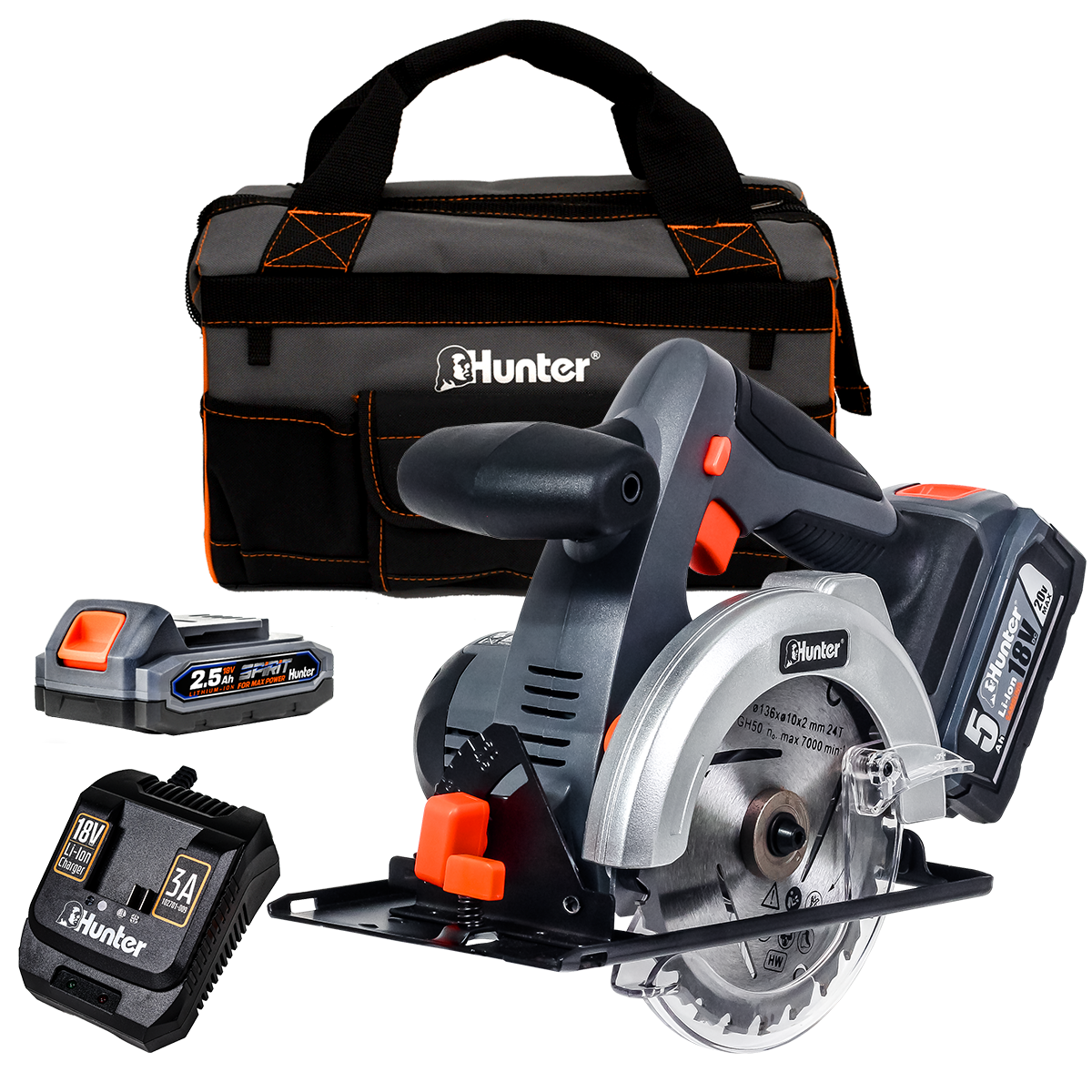 מסור עגול נטען 136 מ"מ 18V  סוללה 2.5 Ah  מטען 3A Hunter +  תיק בד ייעודי