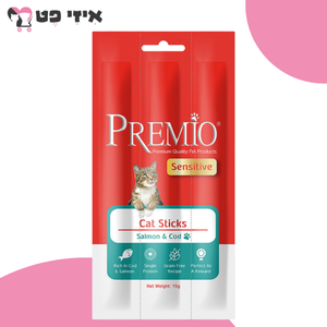 פרמיו חטיף סטיקס סלמון וקוד סנסיטיב לחתולים רגישים 15 גרם PREMIO