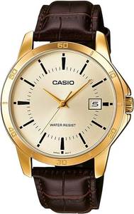 שעון יד אנלוגי לגברים עם רצועת עור חומה Casio MTP-V004GL-9AUDF 