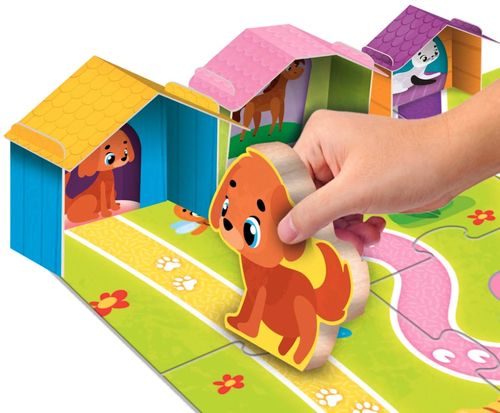 מונטסורי בייבי: לוח פאזל - 5 בתי גורים תלת מימדיים עם 5 חיות מעץ