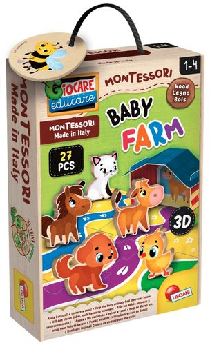 מונטסורי בייבי: לוח פאזל - 5 בתי גורים תלת מימדיים עם 5 חיות מעץ