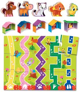 מונטסורי בייבי: לוח פאזל - 5 בתי גורים תלת מימדיים עם 5 חיות מעץ