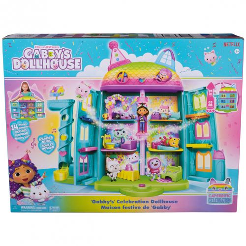 בית הבובות של גבי חגיגת יום הולדת עם אפקטים, מוזיקה, מעלית, דמות ו-13 אביזרי משחק   