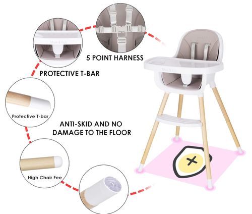 כיסא אוכל 2 ב 1 עם ריפוד דמוי עור קל לניקוי דגם רוי - לבן/אפור