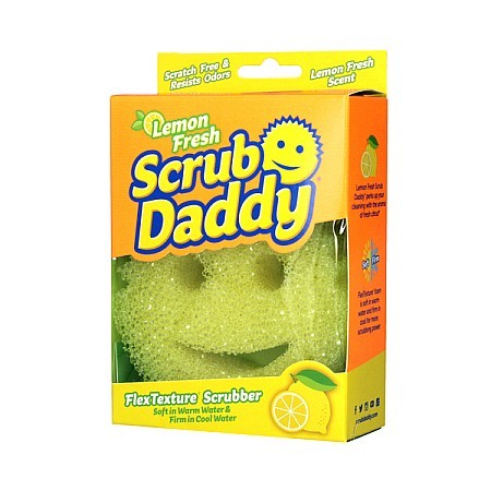קרצוף Scrub Daddy בניחוח לימון עם פנים חייכניות, טכנולוגיית FlexTexture המשתנה לפי טמפרטורת המים, מתאים לניקוי ללא שריטות של מחבתות נון-סטיק ומשטחים עדינים