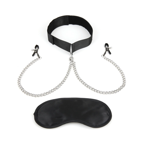 קולר קינקי שחור בד סקוץ עם מצבטי פטמות Lux Fetish - Collar And Nipple Clips