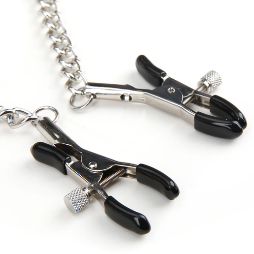 קולר קינקי שחור בד סקוץ עם מצבטי פטמות Lux Fetish - Collar And Nipple Clips