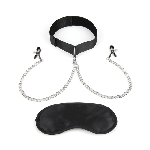 קולר קינקי שחור בד סקוץ עם מצבטי פטמות Lux Fetish - Collar And Nipple Clips