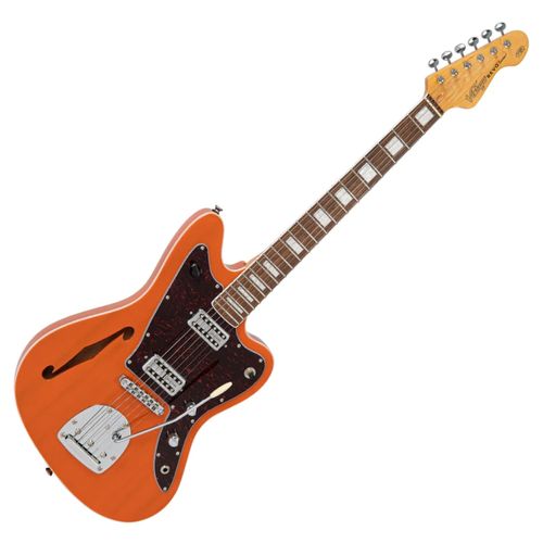 זוית נוספת Vintage REVO Series 'Surfmaster' Thinline Twin Electric Guitar ~ Trans Orange