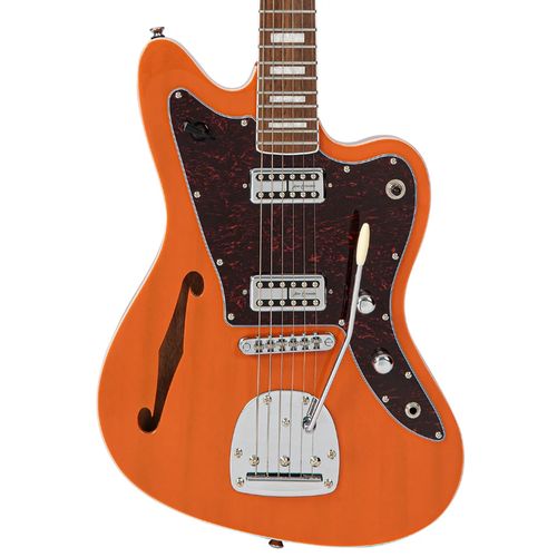 זוית נוספת Vintage REVO Series 'Surfmaster' Thinline Twin Electric Guitar ~ Trans Orange