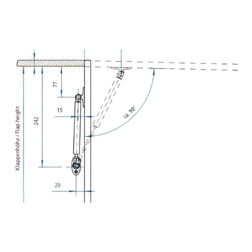 בוכנת גז 50N עד 180N (ניוטון) איכותית Stabilus לארון קלפה עליונה במטבח המנגנון מתאים לדלתות הנפתחות באמצעות משיכה כלפי מעלה ומסייע בפתיחה וסגירה של הדלת תיקון, הרכבה, החלפה וכיוון קלים ופשוטים - עולם הפרזול 03