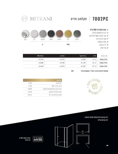 מקלחון חזית מיטרני, פרופילים סדרת MITRANI 7002PC, גימור מתכתי.